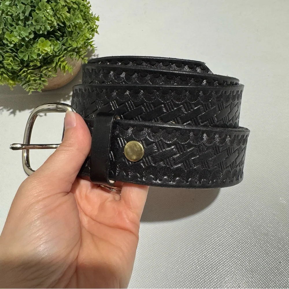 Vintage Black Full Grain Tooled Textured‎ Leather Belt Mens Size 38 Western Boho